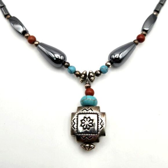 Southwestern Hematite Silver Cross Pendant Necklace Howlite and Red Jasper Beads - Picture 3 of 5